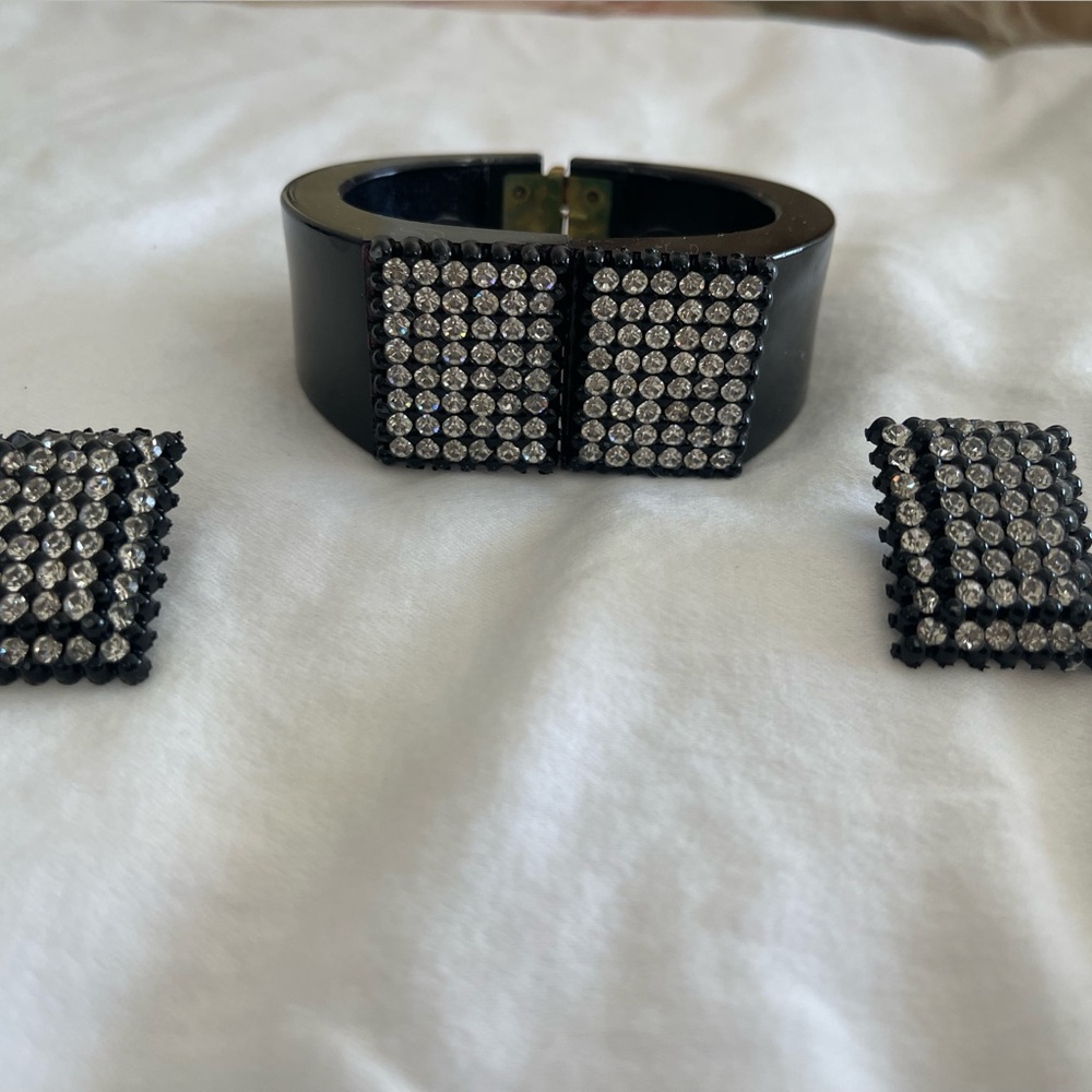 Vintage 1950s Black Rhinestone Bakelite Clamper Cuff Bracelet Earring Retro Rare